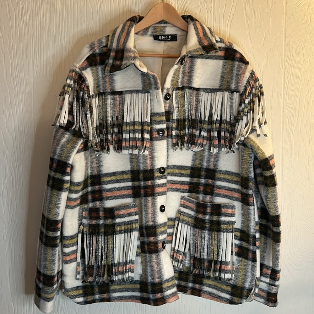 Blue B Plaid Fringe Shacket - Cream, Black & Pink Plaid